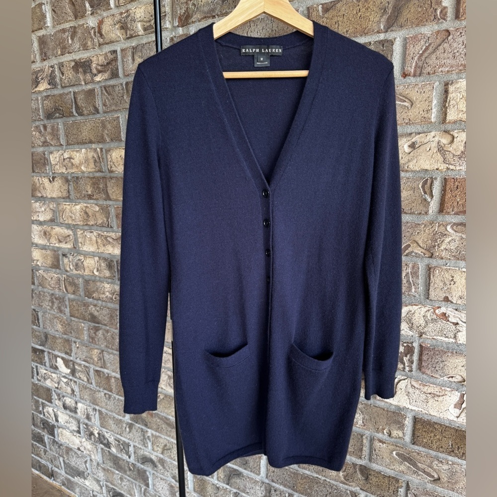 Ralph Lauren Womens 100% Cashmere Black Label Button Navy Cardigan Size Medium - Picture 2 of 13